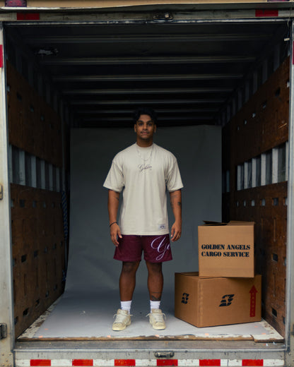 GA® Script Short Burgundy SS26 — editorial styling and fit reference