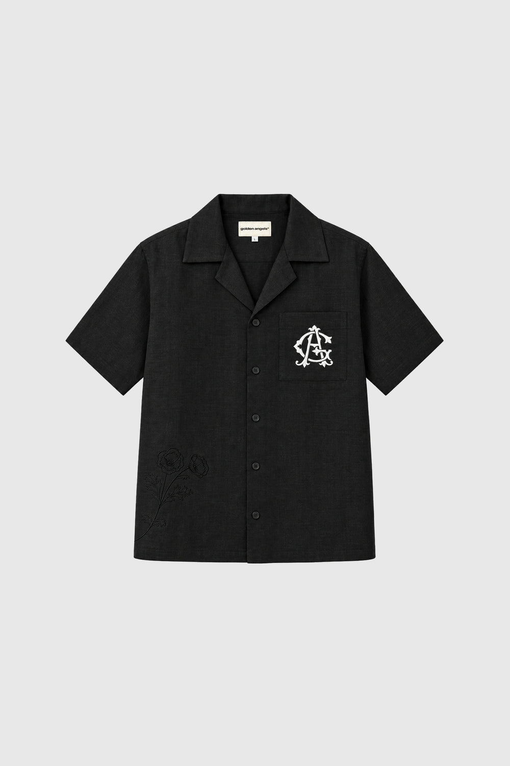 GA® Linen-Cotton Short Sleeve Button-Up Shirt — Black — front on light gray