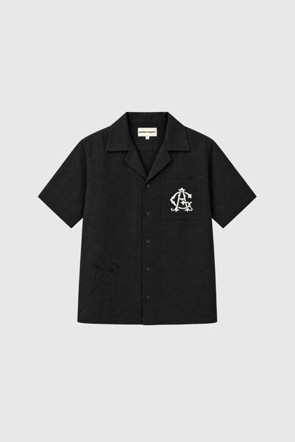 GA® Linen-Cotton Short Sleeve Button-Up Shirt — Black — front on light gray