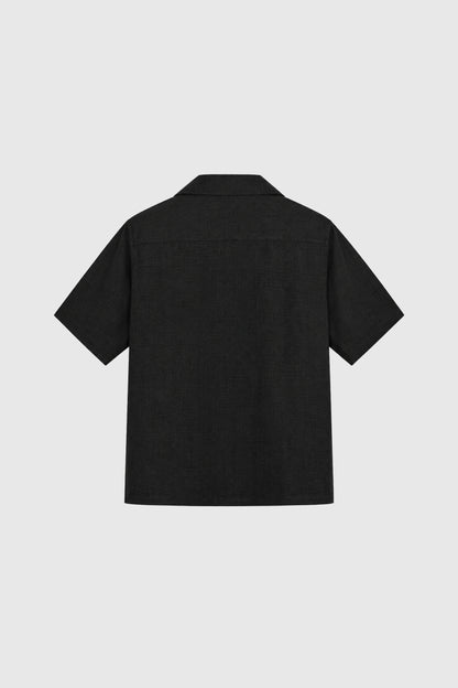 GA® Linen-Cotton Short Sleeve Button-Up Shirt — Black — back on light gray
