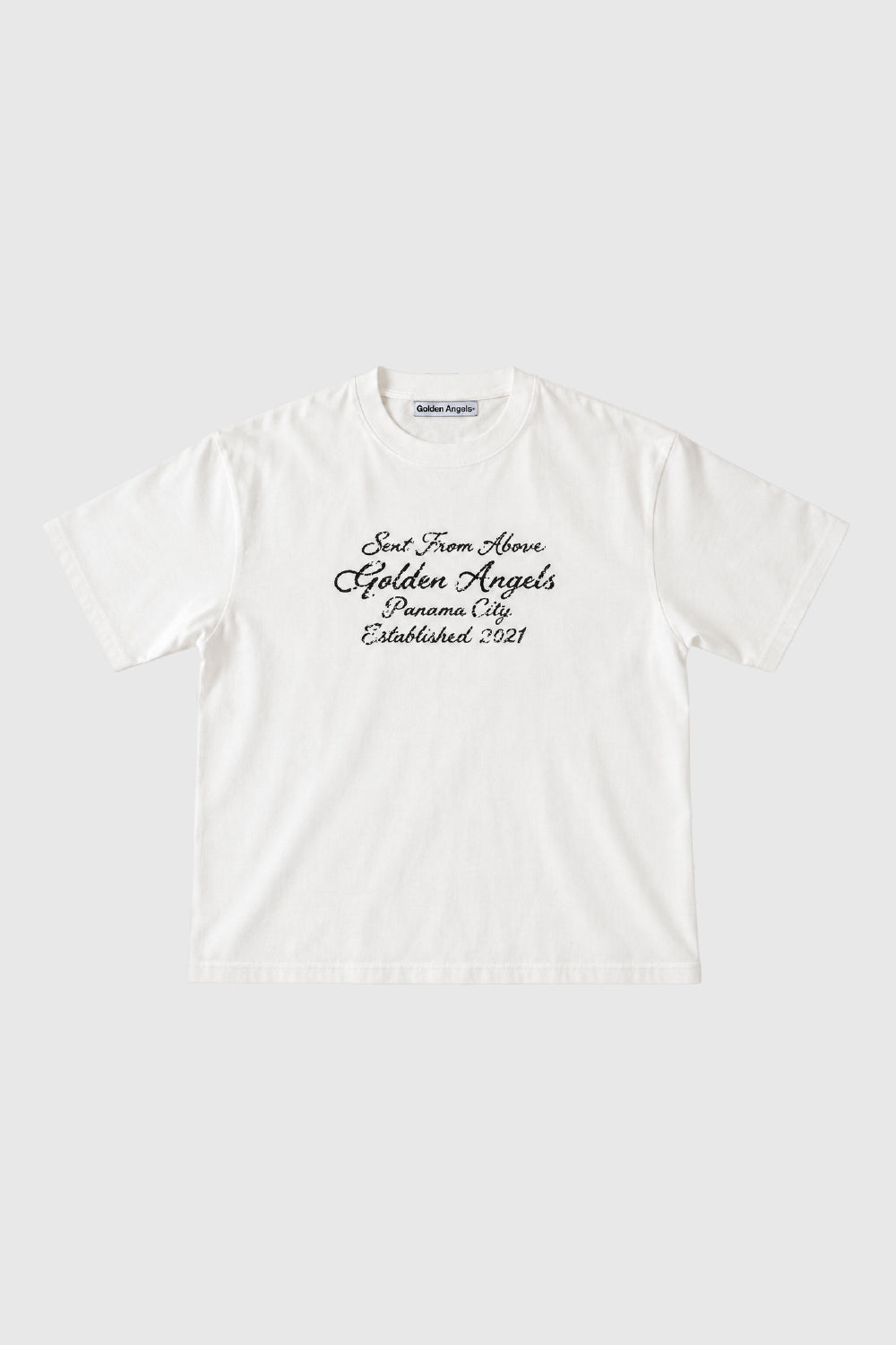 GA® Runway White Slub Script Tee — front on light gray