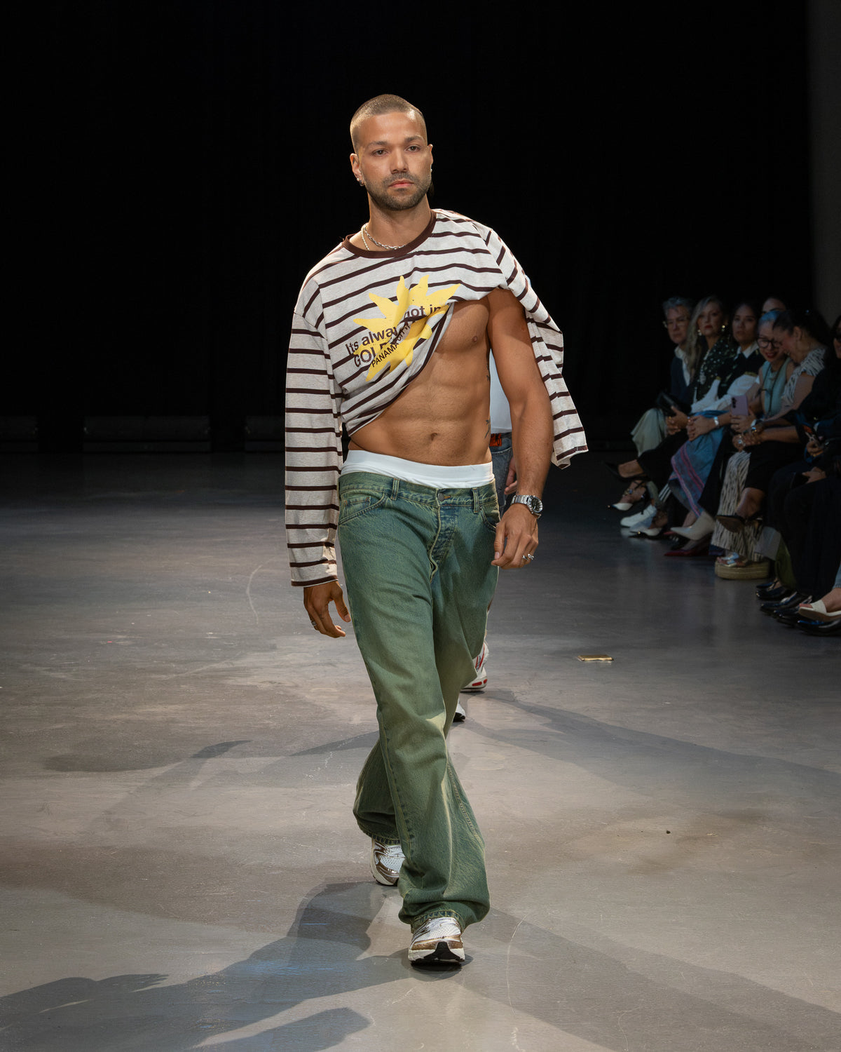Golden Angels runway: Striped long-sleeve top with olive trousers
