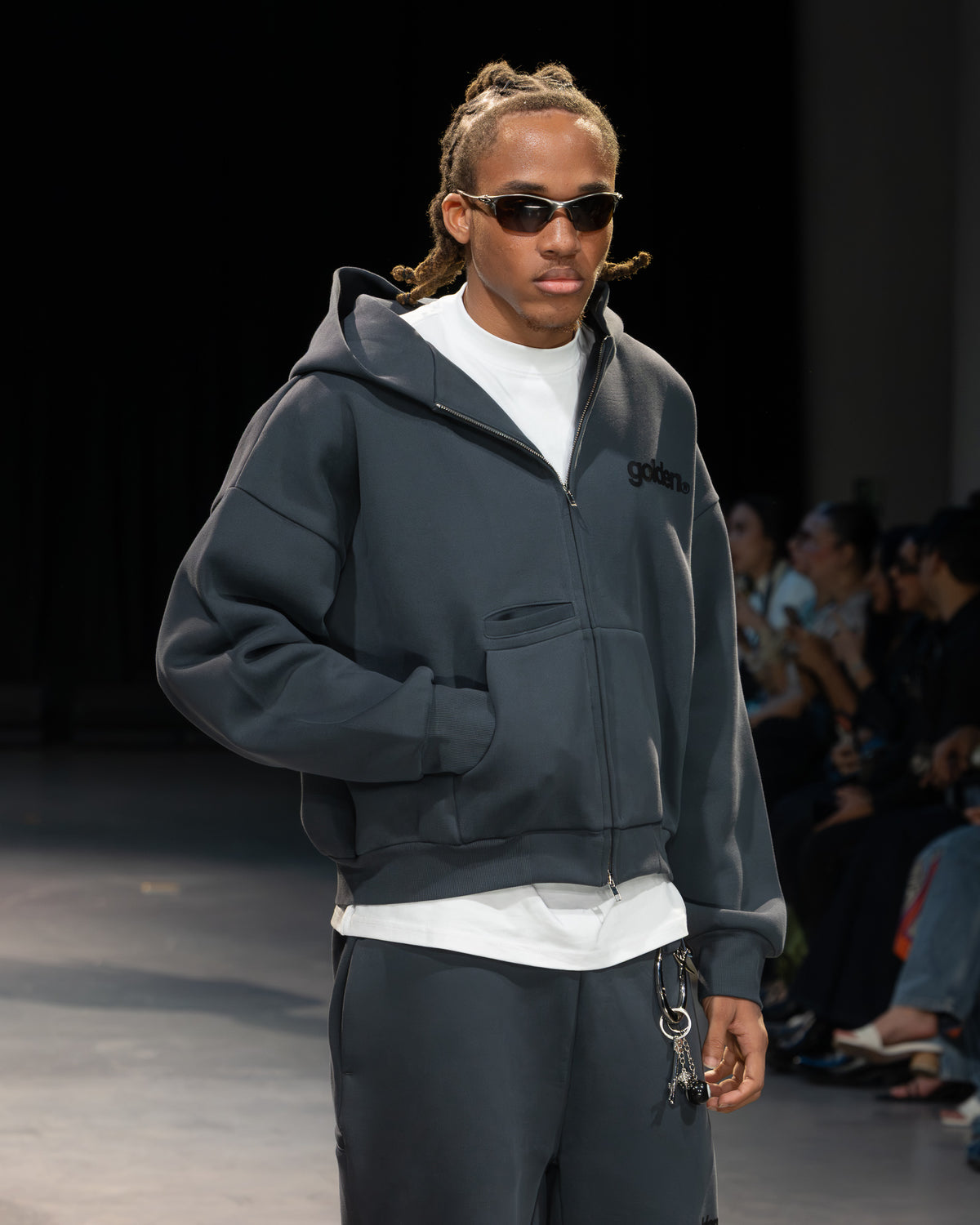Gray-blue jacket detail, Golden Angels runway